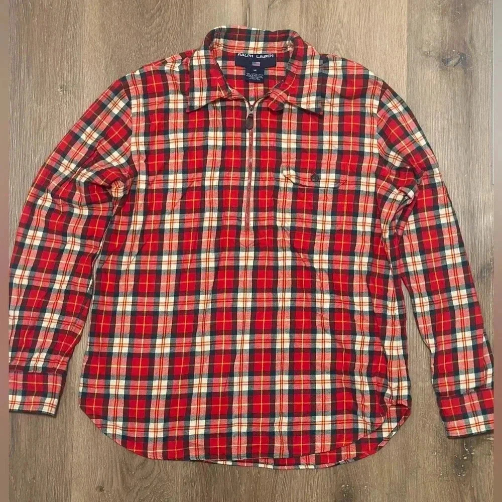 Vintage Ralph Lauren Polo Sport Plaid Quarter Zip Flannel Shirt Jacket Womens 14